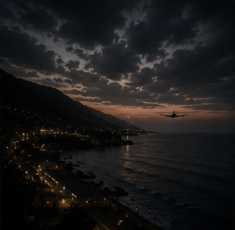 A coastline at dusk with an aircraft on approach